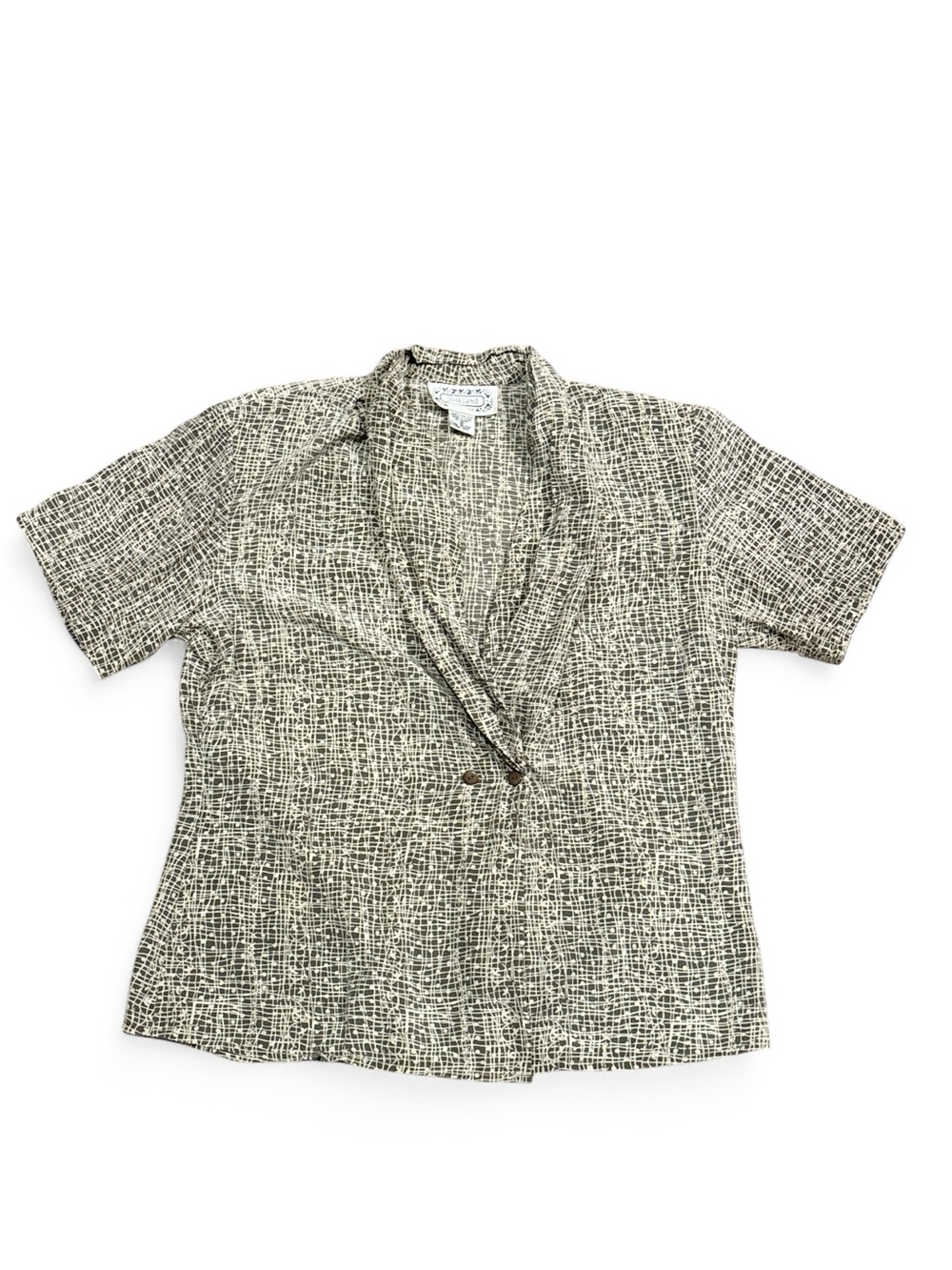 Vintage 100% Pure Silk Silkland Olive & Off White Abstract Print Blouse SZ 6